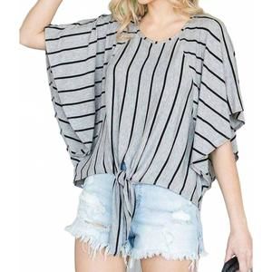 NEW JADE BY JANE stripe print tie hem round neck cape sleeve top in grey